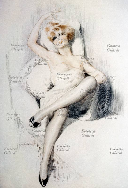 FUMO Donna in posa seducente fuma una sigaretta. Illustrazione di Gaston Cirmeuse (1886 - 1963) da Le Sourire, Francia, 21 novembre 1926.