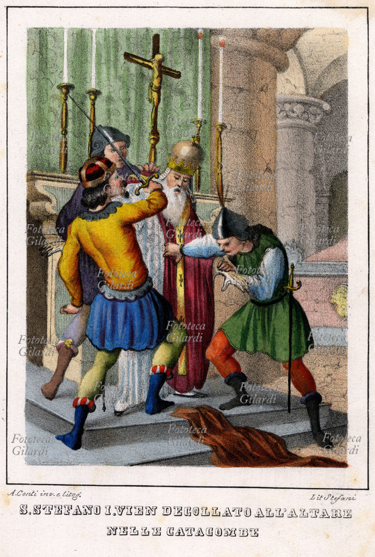 PAPA SANTO STEFANO I martire della gente Giulia, nato a Roma, eletto nel 254, morto nel 257.Tenne un concilio in carcere. Qui raffigurato nel momento del martirio: \