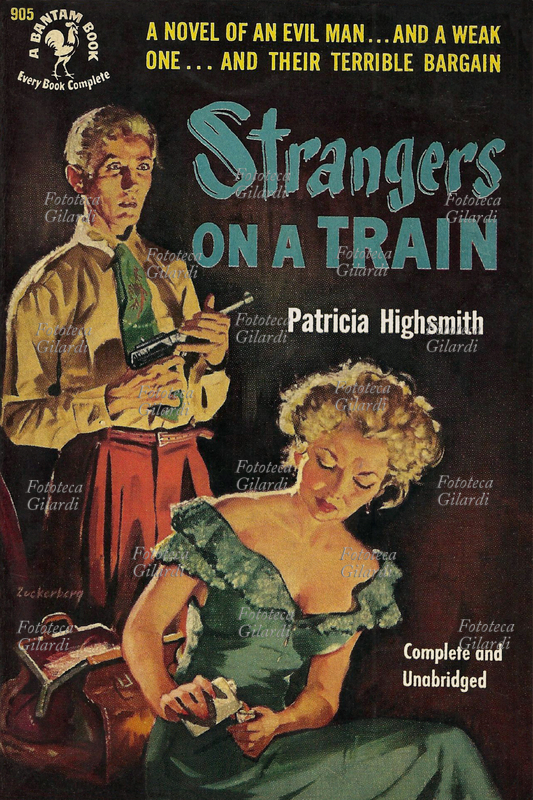 THRILLER Copertina del romanzo "Strangers on a Train" di Patricia Highsmith (pseudonimo di Mary Patricia Plangman, 19 gennaio 1921 - 4 febbraio 1995), il primo pubblicato dalla scrittrice statunitense; alla sua apparizione, nel 1950, non riscosse un grande successo di pubblico, ma il regista Alfred Hitchcock ne intuì le potenzialità e ne trasse il celeberrimo "Delitto per delitto (l\