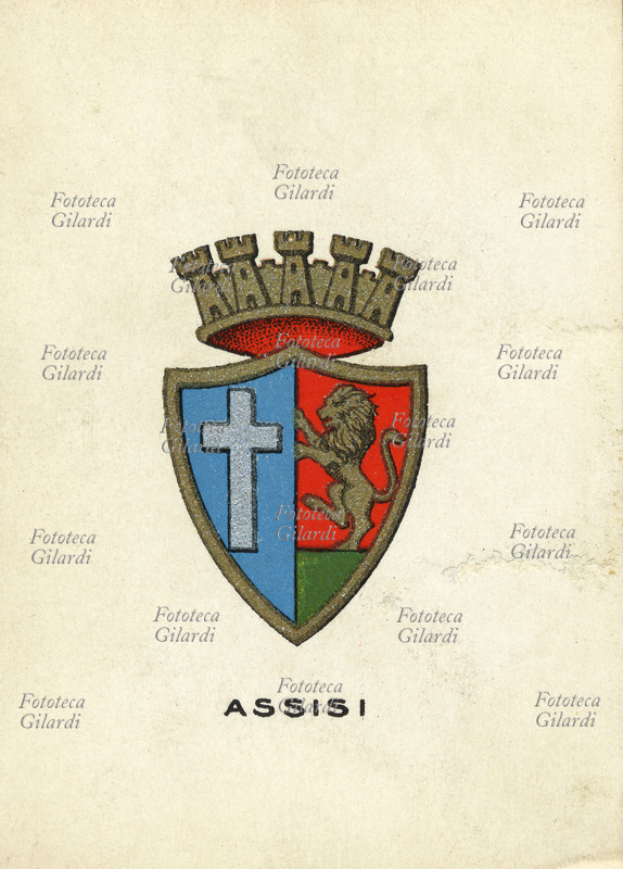 ASSISI (Perugia) Terra natale di San Francesco, città dalla storia tumultuosa di guerre e di contrasti. Nel sec. XI si costituì a libero comune. Scudo partito: nel primo, di azzurro, alla croce latina di argento; nel secondo, di rosso, al leone d\