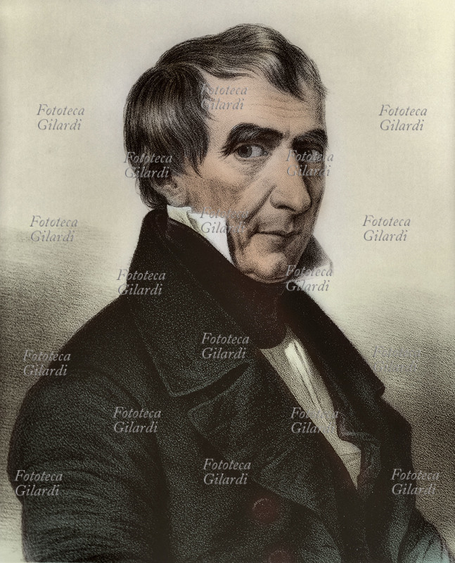 William Henry HARRISON (9 febbraio 1773 – 4 aprile 1841), generale e politico, 9° presidente degli Stati Uniti eletto per il Partito dei Whig nel 1841. Il suo mandato è il più breve nella storia degli U.S.A., essendo durato appena dal 4 marzo 1841 al 4 aprile 1841, quando morì per una malattia fulminante. Fu anche il primo presidente a morire in carica. Ritratto in una litografia colorata XIX secolo.