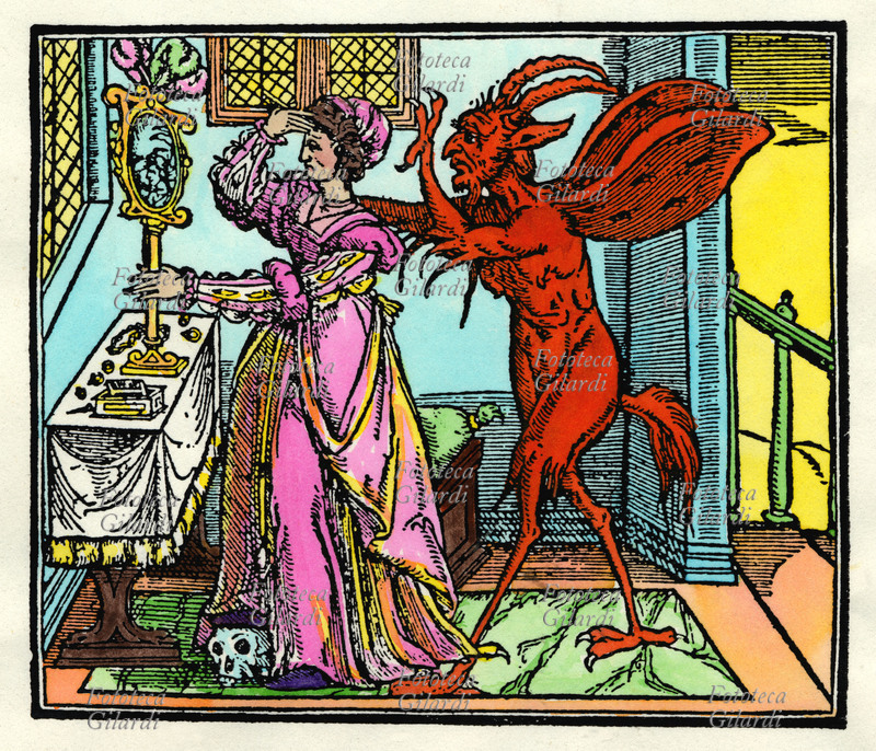 LA VANITÀ demone seduttore, tentatore. Donna istigata dal diavolo al peccato di vanità, specchiandosi ella vede il diavolo cornuto, con le zampe da uccello, ali e coda. Xilografia acquarellata, XVI secolo.