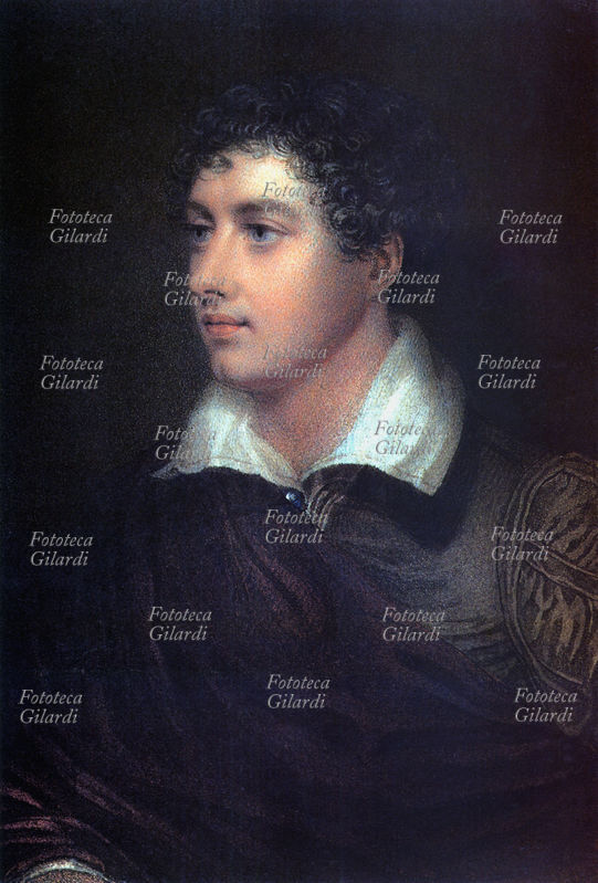 George Gordon BYRON (22 gennaio 1788 - 19 aprile 1824) Ritratto del poeta inglese romantico eseguito da James Holmes (1777 - 1860) e donato da Augusta Leigh a Teresa Guccioli, amante di Byron. Dipinto, Regno Unito 1815.