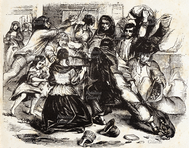 IRLANDA famiglie affamate di Galway attaccano un negozio di patate. Incisione da giornale popolare, 1846.