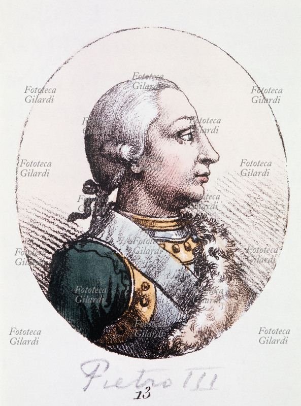 PETER III of Russia (21 February 1728 – 17 July 1762) Tsar from 5 January 1762 to 9 July 1762. Son of Charles Frederick of Holstein-Gottorp and Tsarina Anna Petrovna Romanova (and therefore matrilineal nephew of Peter I the Great), he succeeded his aunt Elizabeth who had designated him heir to the throne since 1742, snatching him from the Prussian court and arranging his marriage in 1745 to Sophia Augusta Federica of Anhalt-Zerbst. Intimately Prussian, a convinced Lutheran but converted to Orthodox Christianity for reasons of state, he never bonded with the Russian people and the imperial guard, nor with his wife, crowned as Tsarina Catherine II, who managed to have him imprisoned, assuming power in person and going down in history as Catherine the Great. Watercolor lithograph, 19th century.