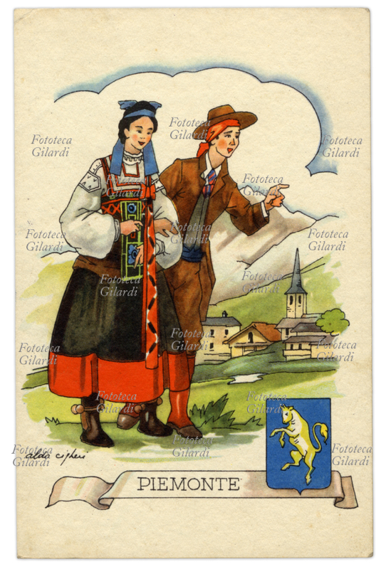 COSTUMI REGIONALI Piemonte, costume femminile e maschile e stemma con toro rampante. Cartolina postale 1950 circa.