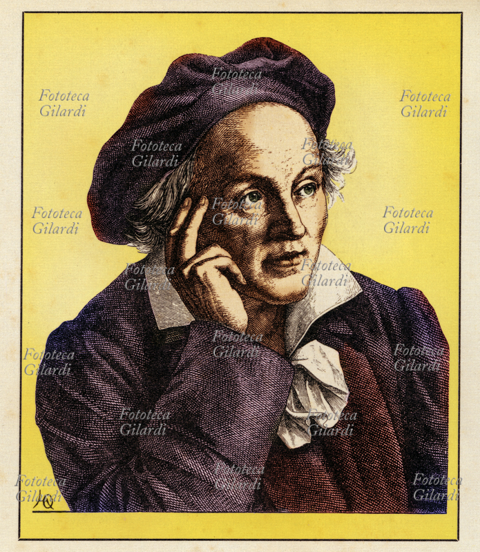 Karl Ludwig von KNEBEL (30 novembre 1744 - 23 febbraio 1834) poeta, scrittore e traduttore tedesco, militare e poi tutore del Principe Federico Ferdinando Costantino di Sassonia-Weimar-Eisenach; amico di Goethe, lo introdusse a corte presentandolo al fratello maggiore del suo pupillo, il Duca di Sassonia-Weimar-Eisenach Carlo Augusto, mentre accompagnava i due Principi nel loro Grand Tour. Ritratto, versione colorata di una incisione di Hugo Bürkner (1818-1897), Germania 1854