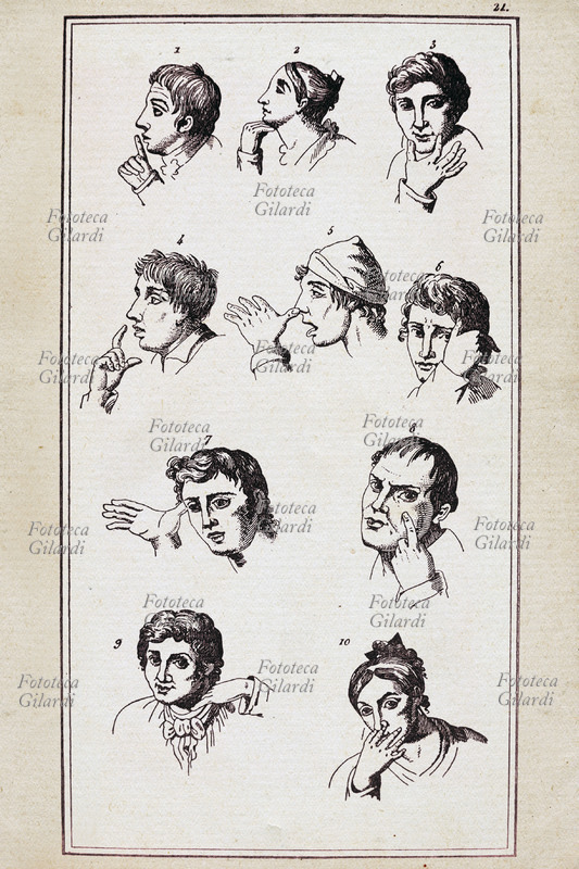 GESTI Tavola grafica di Andrea de Jorio rappresentamte dieci segni di comunicazione non-verbale in uso nel napoletano (alcuni comprensibili in altri paesi) 1) silenzio, 2) negazione, 3) bellezza, 4) fame, 5) derisione, 6) stanchezza, 7) stupidità, 8) sta\