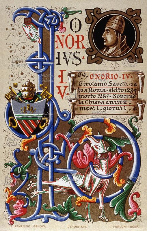 PAPA ONORIO IV (1210 – 3 aprile 1287), al secolo Girolamo Savelli nato a Roma, eletto nel 1285. Governò la Chiesa per 2 anni, 1 mese e 1 giorno. Cartolina cromolitografica n. 69 dalla \