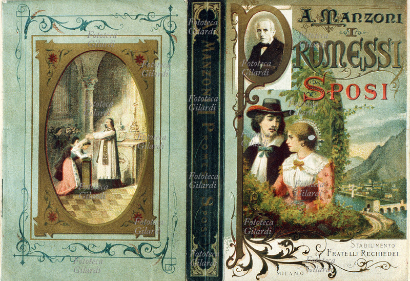 PROMESSI SPOSI Copertina del romanzo di Alessandro Manzoni (7 marzo 1785 – 22 maggio 1873). Vi sono raffigurati Renzo e Lucia; sullo sfondo il tipico paesaggio lariano, nell\