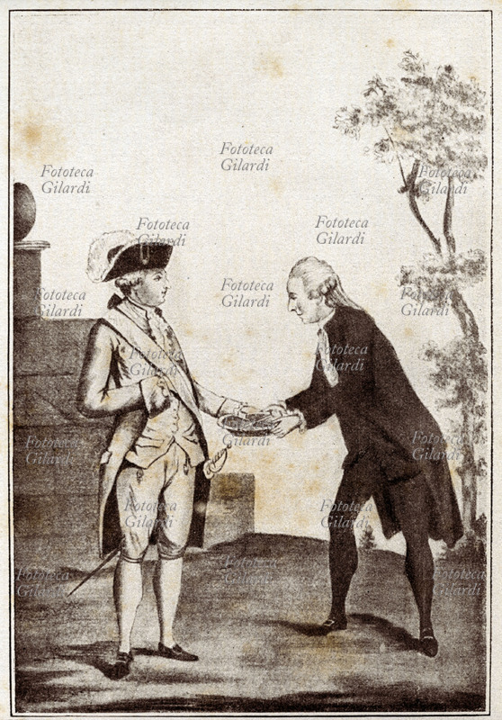 J. Sylvain BAILLY (1789-1793) sindaco di Parigi, riceve Luigi XVI alla barricata della Conferenza e gli offre le chiavi della città. Bailly, sindaco di Parigi durante la Rivoluzione Francese, giacobino di orientamento costituzionale e monarchico, si unì a La Fayette nel Club dei Foglianti, dopo la strage al Campo di Marte nel luglio del 1791. Venne ghigliottinato due anni dopo. Incisione XVIII secolo.