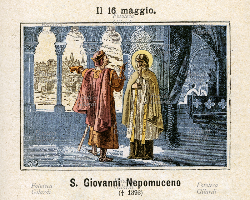 SAN GIOVANNI NEPOMUCENO (circa 1349 - 1393), presbitero ceco, canonico nella cattedrale di Praga e predicatore alla corte di re Venceslao, il quale lo fece uccidere per annegamento. Due sono i motivi per cui il re ne avrebbe decretato la morte, da alcuni considerati concause, per altri invece episodi separati occorsi a due personaggi omonimi: il primo, in qualità di confessore della regina Giovanna di Baviera, è il rifiuto categorico di trasgredire all\