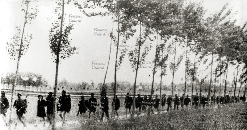 II GUERRA MONDIALE Partigiani nel vercellese in marcia tra le risaie. Italia, 1944.