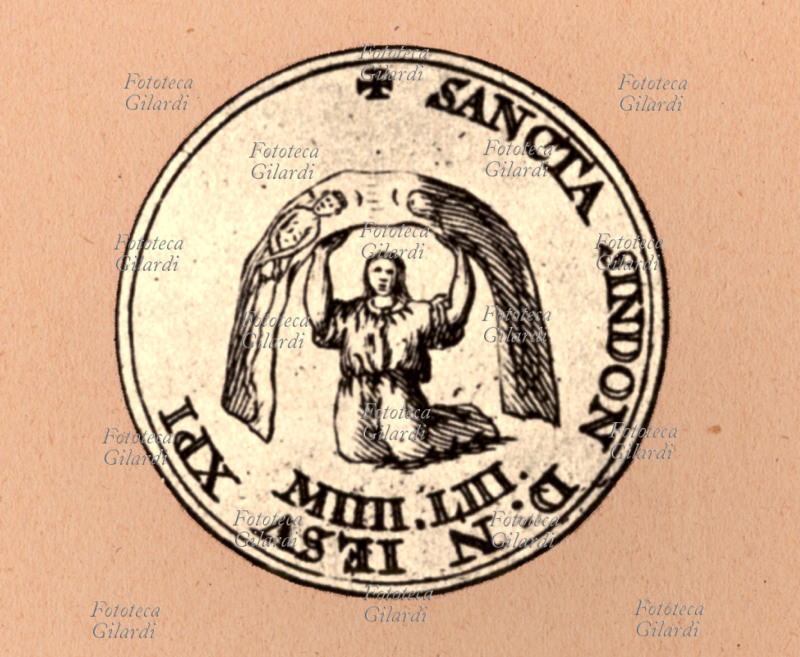LUDOVICO DI SAVOIA (1402-1465) il rilievo della medaglia coniata in onore della Sindone acquistata nel 1453 da Margherita di Charny. Stampa del XIX secolo.