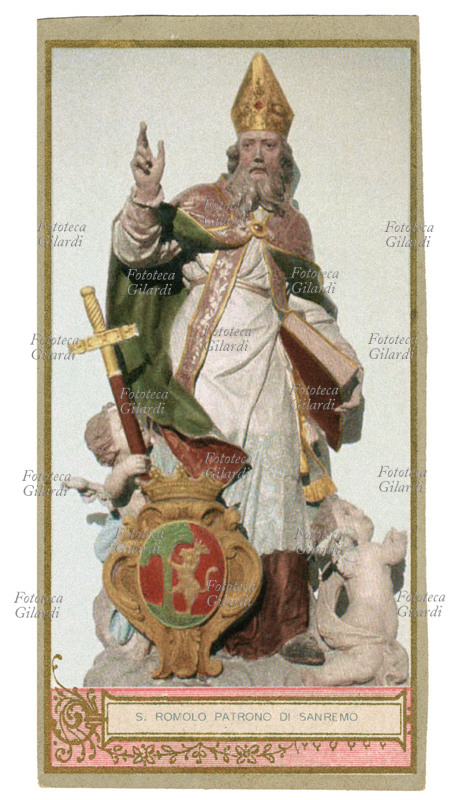 SAN ROMOLO vescovo della Diocesi di Genova, patrono di Sanremo, vissuto probabilmente intorno al VII-VIII secolo. Festa 6 novembre. Secondo la tradizione locale sanremese, Romolo ricevette educazione nel territorio di Villa Matuciana, (antico nome di Sanremo, derivante da quello di una divinità romana, Mater Matuta, dea dellAurora) fu eletto vescovo di Genova e in seguito per sfuggire agli invasori longobardi si ritirò in stretta penitenza nellentroterra ai piedi del Monte Bignone in una grotta detta bauma, divenuta poi luogo di pellegrinaggio, dove sarebbe morto. Durante lAlto Medioevo si diffusero molti racconti di fatti prodigiosi attribuiti a San Romolo, circa la difesa del territorio dagli invasori stranieri, per questo il Santo fu venerato come patrono speciale di Villa Matuciana e raffigurato con la spada Dal secolo XI la località cambiò il nome con il suo: Sanromolo divenendo poi verso il XV secolo Sanremo probabilmente per la contrazione dialettale ligure \