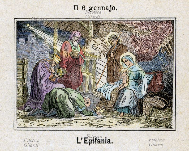 EPIFANIA del Signore: i tre Re magi omaggiano con oro, incenso e mirra il Bambinello, che ha manifestato loro la propria natura divina. Commemorazione il 6 gennaio. Incisione colorata, Italia 1886