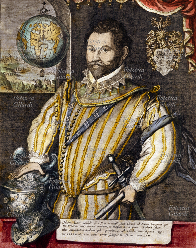 Sir Francis DRAKE (1540-1596), corsaro, navigatore e politico inglese, sostenitore della lotta per la supremazia navale tra Spagna e Inghilterra, devoto ad Elisabetta I, determinò la vittoria inglese sulla \