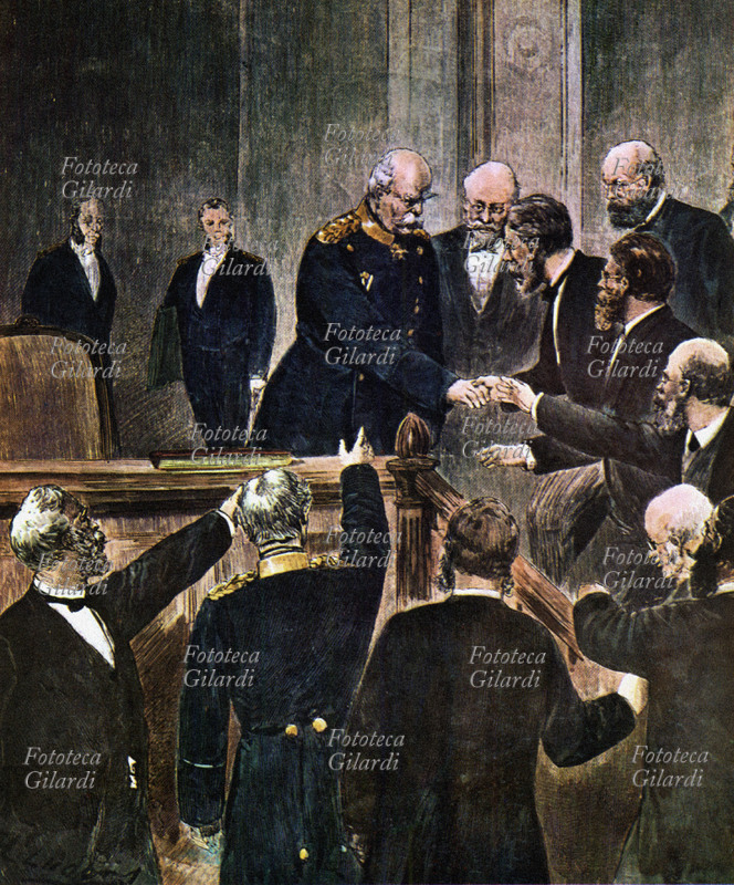 Otto BISMARCK (1815-1898) Calorose felicitazioni in occasione del suo discorso al Reichstag (Parlamento) il 6 febbraio 1888. Illustrazione dell\