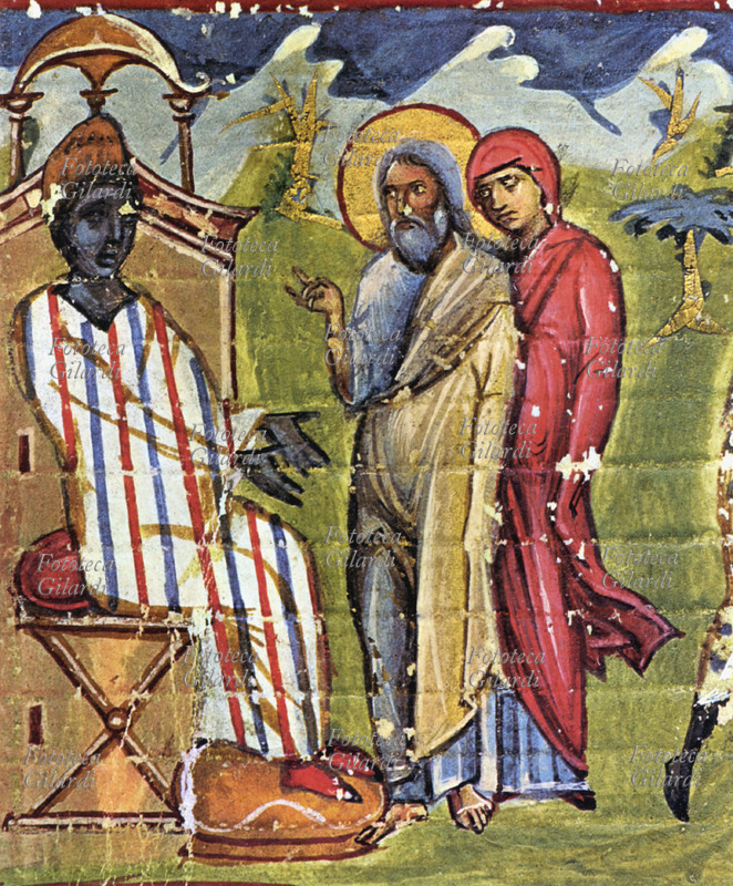 BIBBIA Abramo e Sarah davanti al Faraone. Miniatura bizantina dall\