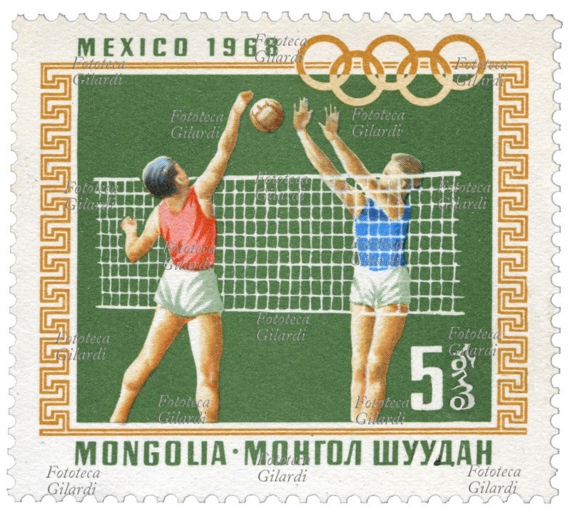 PALLAVOLO Francobollo della serie "Giochi Olimpici Città del Messico 1968" emessa dalle poste mongole. Nella vignetta due atleti sottorete. Valore nominale 5 möngö, offset. Mongolia, emissione 1 agosto 1968