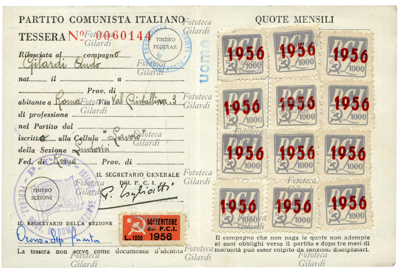 PCI La tessera del Partito Comunista Italiano del 1956: interno della tessera "Sostenitore del P.C.I." N° 0060144 appartenuta ad Ando Gilardi, con timbro a firma di Palmiro Togliatti. Sulla destra il timbro "uomo" accanto al casellario per l\
