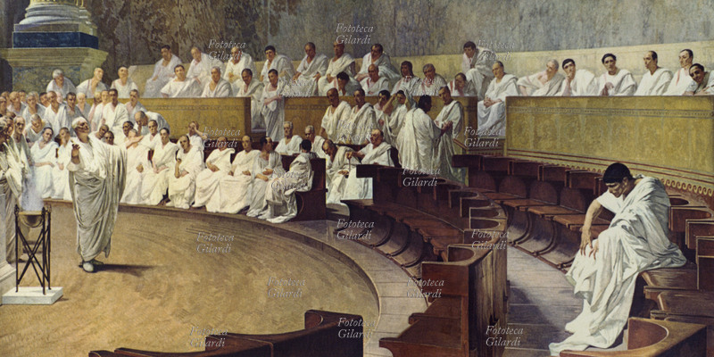 Marco Tullio CICERONE (106-43 a.C.) al centro del Senato, espone ai senatori di Roma le sue accuse contro Catilina. Stampa da dettaglio del dipinto di Cesare Maccari (1840-1919) , XIX secolo