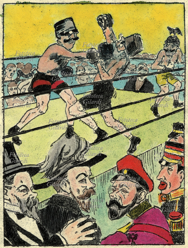 TRIESTE in un comico incontro di boxe tra Vittorio Emanuele III (1869 –1947) e Francesco Giuseppe (1830 –1916) il re d\