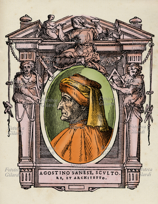AGOSTINO DI GIOVANNI (1285 circa - 1347 circa), detto anche Agostino da Siena, scultore e architetto italiano attivo tra il 1310 e il 1347. Il ritratto è racchiuso in una cornice decorata con cariatidi che reggono gli strumenti dell\