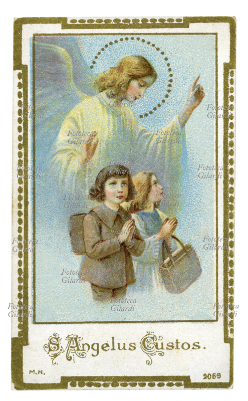 ANGELO CUSTODE veglia sulla preghiera di due bambini che vanno a scuola. Immaginetta cromolitografica, Germania 1900