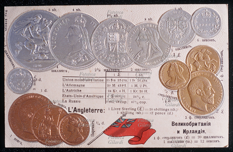 MONETE in corso in Inghilterra: Sterlina, Shilling pence. 1 Sterlina=20 shilling/1 shilling=12 pence. Cromolitografia su carta goffrata dalla serie \