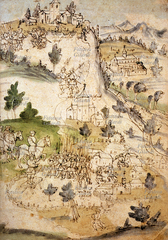 GUERRA DEI CONTADINI I contadini si radunano in un esercito, indossano armature e portano alabarde e armi da caccia. Tavola dalla cronaca figurata sulla rivolta, compilata dall\