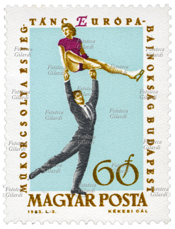 SPORT INVERNALI Pattinaggio artistico a coppie. Francobollo dalla serie "Campionati europei di pattinaggio artistico, Budapest" emessa dalle poste magiare in occasione del campionato europeo di pattinaggio di figura svolto dal 5 al 10 febbraio. Disegno di Kekesi Gal, valore nominale 60 fillér, fotoincisione. Ungheria, emissione 5 febbraio 1963