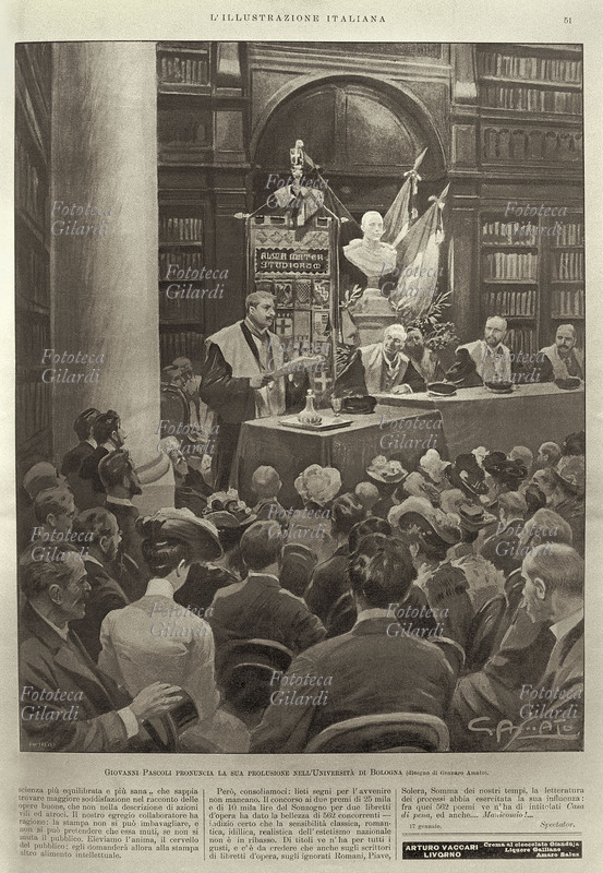 Giovanni PASCOLI (31 dicembre 1855 – 6 aprile 1912), poeta e critico letterario italiano, pronuncia la prolusione all\