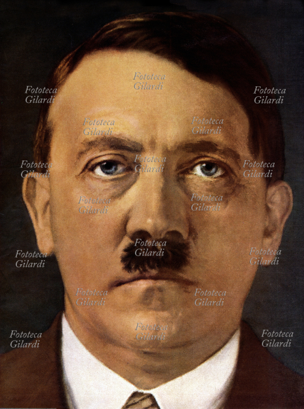 Adolf HITLER (1889-1945) portrait in the foreground. Print fac-simile of realistic portrait of propaganda. Germany around 1935