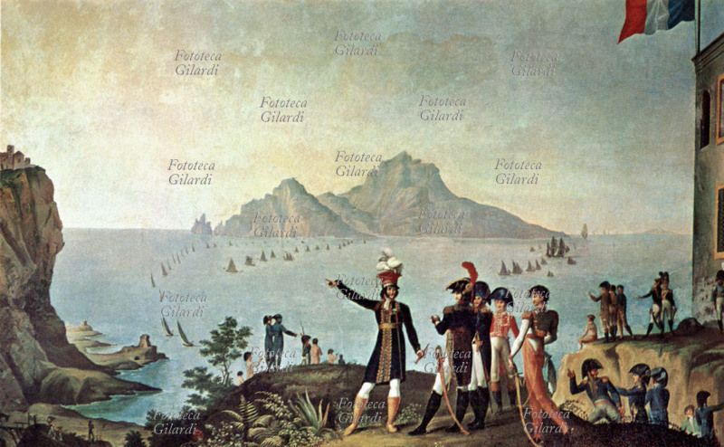 Gioacchino MURAT (1767-1815) ufficiale di Napoleone assiste alla conquista di Capri nel 1808. Stampa del XIX secolo.