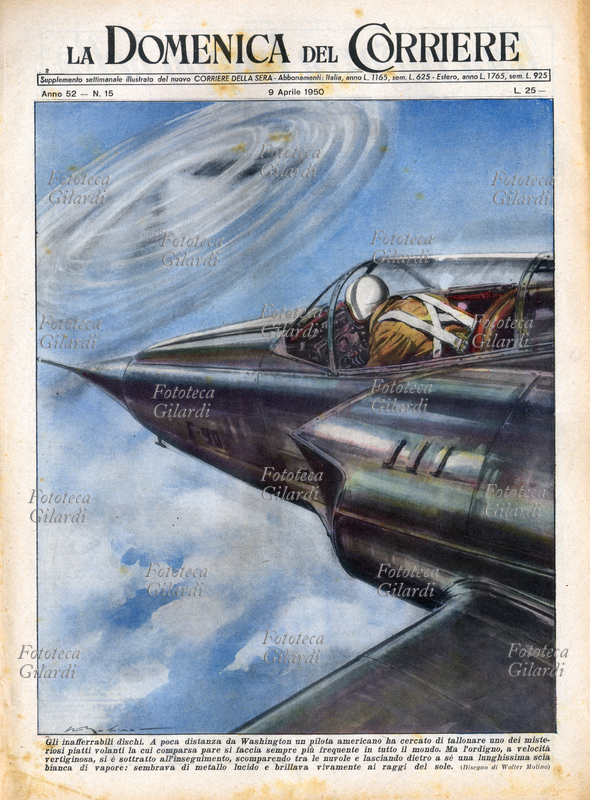 UFO "Gli inafferrabili dischi. A poca distanza da Washington un pilota americano ha cercato di tallonare uno dei misteriosi piatti volanti la cui comparsa pare si faccia sempre più frequente in tutto il mondo. Ma l\