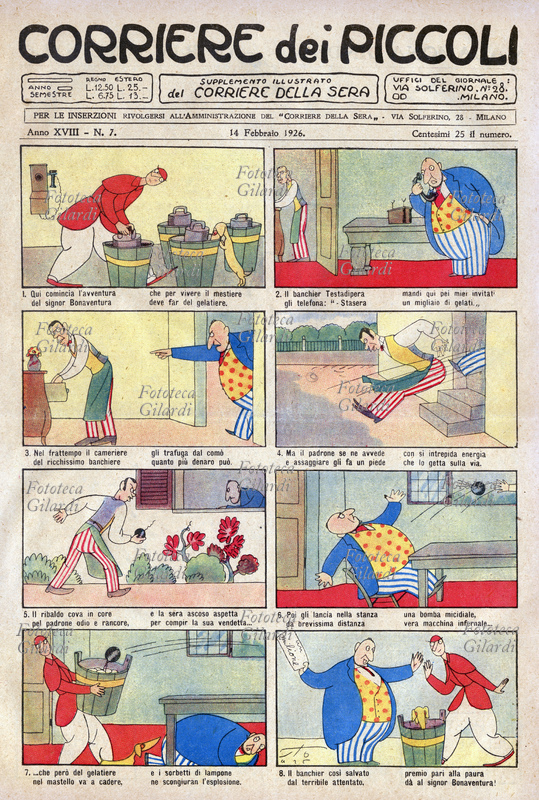 LE AVVENTURE DEL SIGNOR BONAVENTURA il celebre, fortunato personaggio che viene sempre riccamente premiato per le sue doti di onestà e rettitudine. Questa volta il nostro eroe si guadagna da vivere facendo gelati. Un riccone gliene commissiona un migliaio per il ricevimento serale; un recente nemico però attenta alla sua vita gettandogli una bomba, che finisce fortunosamente nel mastello del gelatiere rimanendo disattivata dal sorbetto. La storia si conclude con il riccone che, grato per lo scampato pericolo, come di consueto premia il Signor Bonaventura con la cifra esorbitante di Un Milione. Disegni e strofe di Sergio Tofano (20 agosto 1886 – 28 ottobre 1973), attore di cinema e teatro, regista, disegnatore e scrittore italiano, in arte \