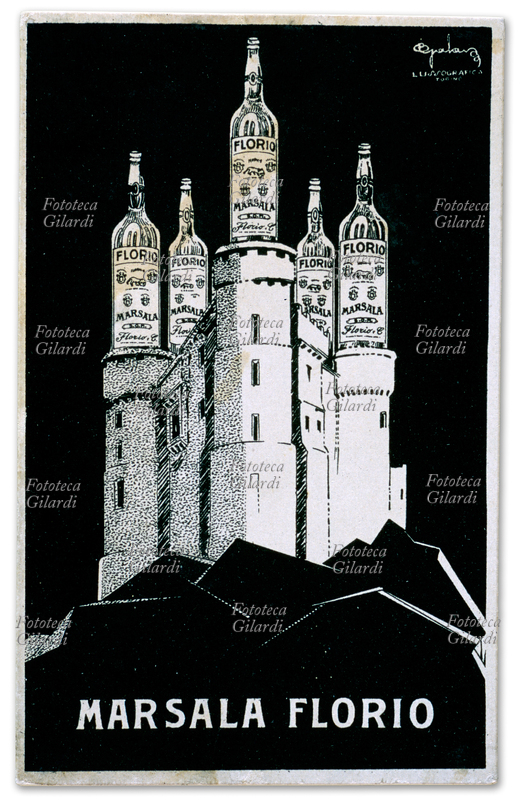 MARSALA Florio, immagine pubblicitaria che raffigura il castello sulle cui cinque torri troneggiano altrettante bottiglie del nobile vino liquoroso. Litografia monocromatica di B. Gala, stampa Lussografica, Torino 1935 circa.