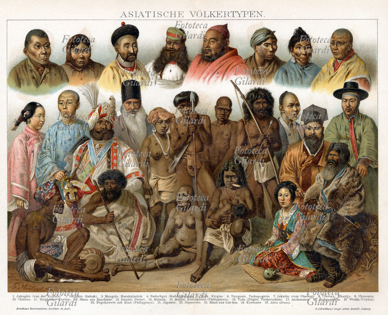 RAZZE Vari tipi di popoli asiatici - 1 Jukagire (von der Kolyma), - 2 Ostjakin (Imbak) - 3 Mongole, Karakalmück - 4 Radschput (Radschputana) - 5 Turk, Kirgise - 6 Tungusin, Tschapogirin - 7 Jakutin (vom Utschur) - 8 Tibeter, Bhutija - 9 Chinesin - 10 Chinese - 11 Singhalese (Ceylon) - 12 Mann aus Kaschmir  13 Iranier, Perser -14 Malaiin - 15 Malaie, Bontokleute (Philippinen) - 16 Toda (Nilgiri, Vorderindien), 17 Andamaner - 18 Andamerine - 19 Wedda (Ceylon), Vedda - 20 Negritoweib mit Kind (Philippinen), - 21 Japaner - 22 Japanerin - 23 Mann aus Liu-Kiu - 24 Koreaner - 25 Ainu. Litografia a colori su disegno di Gustav Mützel (7 dicembre 1839 – 29 ottobre 1893). Brockhaus\