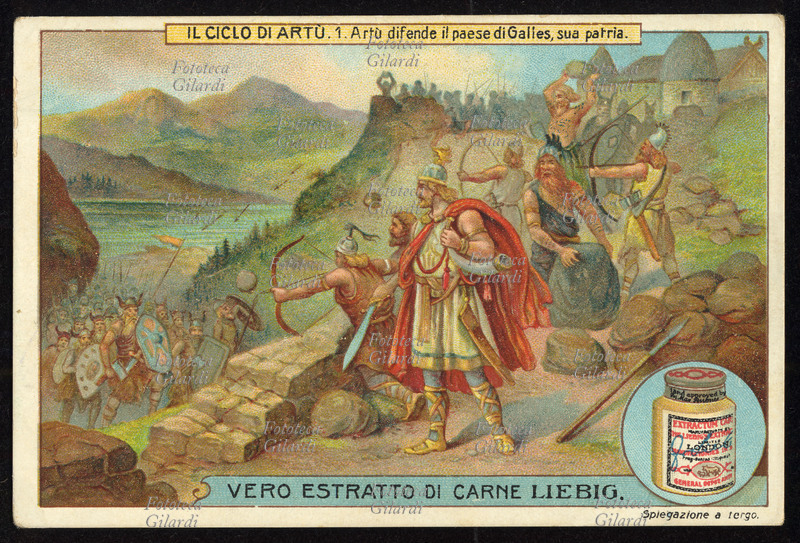 ARTÙ (1) difende il paese di Galles, sua patria. I Celti, capitanati dal loro re Artù, respingono i Sassoni, condotti dal loro capo Cerdik di Wessex. I Sassoni volevano invadere il Galles per mettere fine alle frequenti incursioni guerresche dei Celti nelle fertili pianure di loro appartenenza. Cromolitografia, figurina Liebig, Italia 1910.