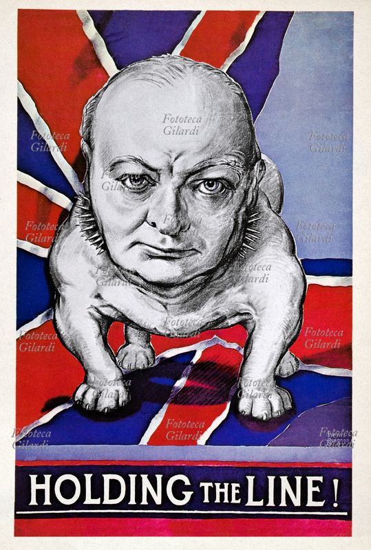 II GM "Holding the Line!" manifesto di propaganda statunitense, raffigurante il simbolo della tenacia britannica (il bulldog) con il viso di Churchill, che tiene saldamente la posizione sulla bandiera. La resistenza britannica all\