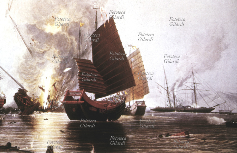 CHINA First Opium War between China and England, 1839 - 1842. British ships attack Chinese junks off the coast of Canton in 1839, in response to the actions of Governor Lin Zexu (30 August 1785 – 22 November 1850), who had seized all the opium from British-controlled imperial territories in their possession and intended to destroy it by dispersing it at sea. The British were attempting to impose the drug trade illegally, even though it was prohibited in China except for its medicinal uses. Eventually, however, the governor succumbed to British force, and with the Treaty of Nanking (29 August 1842), the opium trade was reinstated and new concessions were granted to the British. Painting, 19th century.