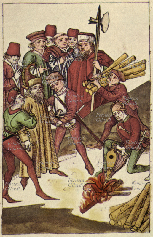 Jan HUS (1369-1415) assiste alla preparazione del rogo, dopo la condanna a morte inflittagli dal Concilio di Costanza nel 1415. Stampa fac-simile da disegno su manoscritto bavarese del XV secolo