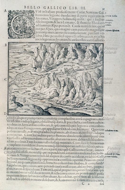 GIULIO CESARE (101-44 a.C.) Pagina con xilografia dai Commentari Guerra Gallica (58-51 a.C.) \