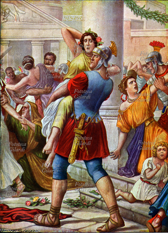 IL RATTO DELLE SABINE compiuto da Romolo il 21 agosto, poco dopo la fondazione di Roma del 753 a.C., nel giorno in cui si celebravano le feste dei Consualia, affinché lui e i suoi uomini avessero donne con cui procreare e popolare la nuova città. "Gli spettacoli erano incominciati e gli ospiti intenti a contemplarli, quando i Romani ad un segnale dato, si precipitarono in mezzo e ciascuno rapì una fanciulla.". Illustrazione di Tancredi Scarpelli (1866-1937) per la "Storia d\
