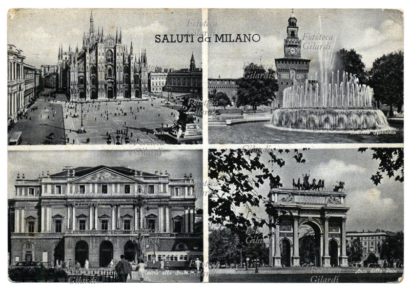 MILANO saluti dal capoluogo lombardo, cartolina postale composta di quattro vedute: Piazza Duomo, Castello sforzesco, teatro alla Scala e Arco della Pace. Fotoincisione, Milano 1956.