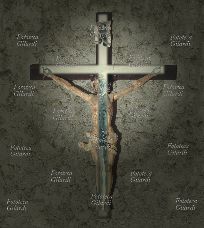 CRISTO crocifisso, elaborazione computergrafica da scultura di anonimo del XVI secolo sita a Ponzone (AL), miscelata con l\