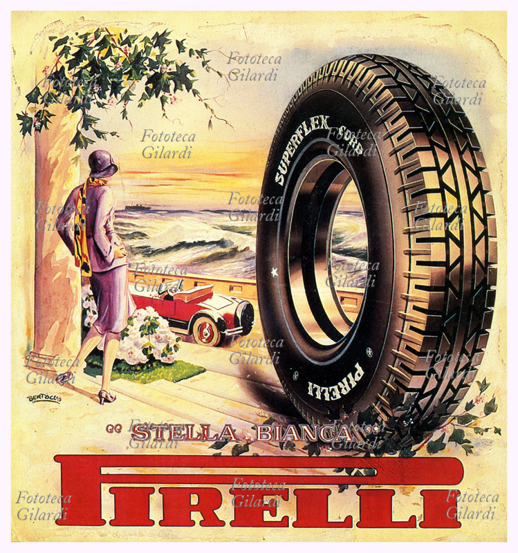 PIRELLI In primo piano un grande pneumatico con le scanalature drenanti a blocchetti trapezoidali del battistrada rinforzato ben in evidenza; sullo sfondo una giovane donna vestita alla moda osserva il panorama dalla scalinata di una villa sul mare, e la macchina sportiva parcheggiata lì sotto. Manifesto pubblicitario di Mario Bertoglio per gli pneumatici \