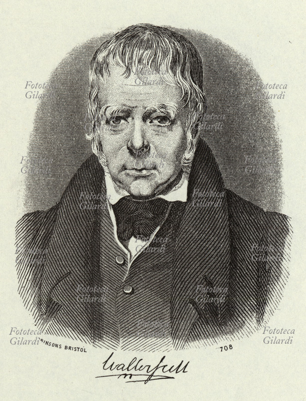 Walter SCOTT (15 agosto 1771 - 21 settembre 1832) Scrittore scozzese, ritratto con autografo. Incisione colorata di Robinson Bristol XIX secolo.