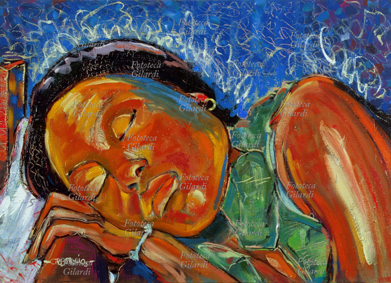 Ciro BORRELLI (1979-) Rose in luo. Giovane donna africana dormiente. Dipinto in tecnica mista su tela, 2005. Collezione dell\